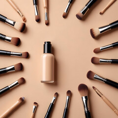 Obraz premium A foundation bottle with scattered makeup brushes on a neutral beige background.