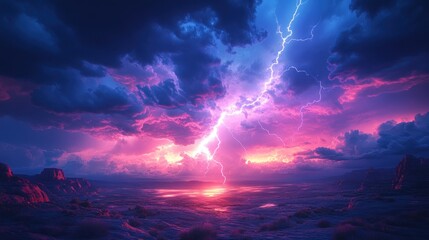 Naklejka premium A dramatic lightning storm illuminates a vibrant landscape at sunset.