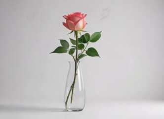 White background with a single long-stemmed rose in a vase, flowers, decorative items