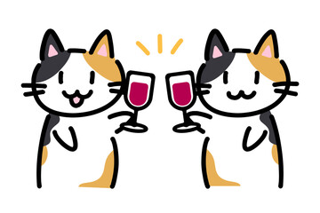 ワインを持った手書きの猫のイラスト