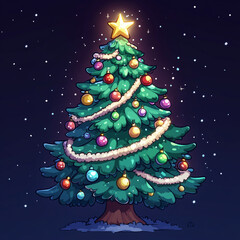 Cartoon-style Christmas tree with colorful ornaments and star against starry night background, festive, holiday spirit, copy space