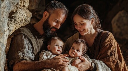 Tender Family Moment in Ancient Setting with Parents and Two Babies in Natural Light Surrounded by Stone Walls and Earthy Tones