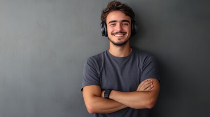 Obraz premium Happy Young Man Wearing Headphones Against Gray Wall