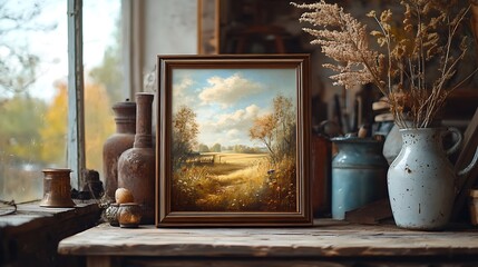A small framed painting of a peaceful countryside, set on a vintage wooden desk with antique decor, soft natural light illuminating the rich details, hd quality, rustic and charming. --ar 16:9