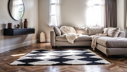 Generative AI, Checkerboard rug with taupe boucle sofa and floating console in a sunlit minimalist interior