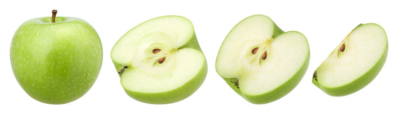 green apple (granny smith apple), half and slice isolated, transparent PNG, collection, PNG format