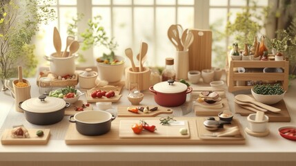 Cozy kitchen scene with various cookware, utensils, and food items on a wooden table by a window.