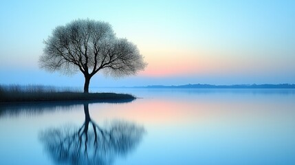 Serene sunrise over calm lake with lone tree reflected in tranquil water.