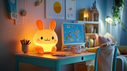A whimsical animal-shaped desk lamp, glowing warmly on a child-friendly desk with colorful decor and a cheerful atmosphere, soft lighting enhancing the playful design, hd quality, fun and vibrant.