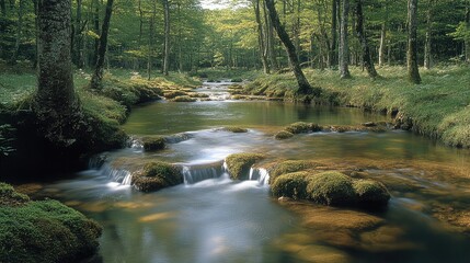 Obraz premium Serene stream flowing through lush green forest, sunlight illuminating calm water and mossy rocks.