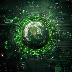 Abstract Earth Symbol Surrounded by Glowing Green Data Circuits Digital Environment Graphic Design Futuristic Viewpoint Eco-Tech Concept