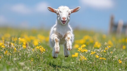 Obraz premium A joyful goat leaps through a field of flowers under a bright blue sky.