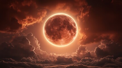 Dramatic Night Sky with a Glowing Full Moon Surrounded by Fiery Clouds and Atmospheric Hues Creating a Stunning Celestial Landscape in Deep Space