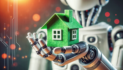 A robotic hand holding a small green eco-house representing sustainability and technology