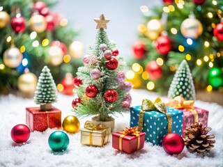 Naklejka premium ornaments, gifts, trees, snowflakes, and festive decorations on a white background, perfect for enhancing holiday-themed projects and designs.