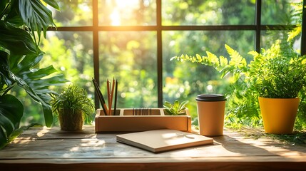 An eco-friendly desk organizer made from recycled materials, with sections for notebooks, pens, and a reusable coffee cup, set on a natural wood desk surrounded by greenery, sunlight streaming in,