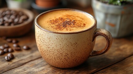 Creamy coffee in rustic mug on wooden table.