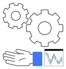 Two gears, an open hand with blue sleeve, and a chart with fluctuating lines. Ideal for teamwork, productivity, performance analysis, statistics, data visualization mechanics collaboration. Line