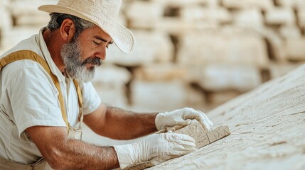 Dedicated craftsman meticulously shaping stone under a straw hat, showcasing artisanal skills and traditional techniques in a sunlit workshop environment