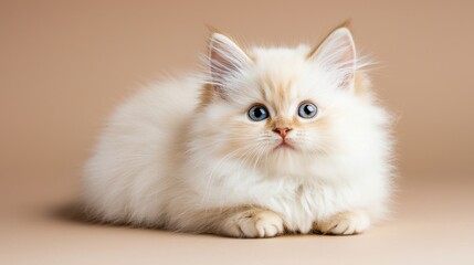 Adorable fluffy kitten with blue eyes resting on a soft beige background