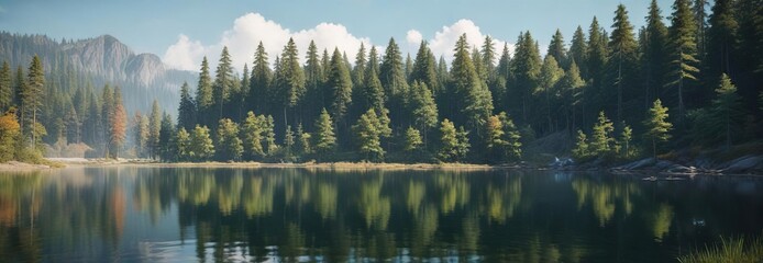 Serene lake scene with tall trees reflected in calm water, trees, nature, serene