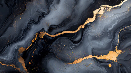 Obraz premium A marble ink paper texture featuring black, grey, and gold hues.