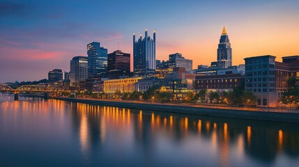 Pittsburgh Skyline at Dusk: A Captivating Panorama of City Lights and River Reflections