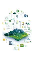 Innovative technology solutions for sustainable energy management mountain region infographic digital landscape aerial view eco-friendly concept