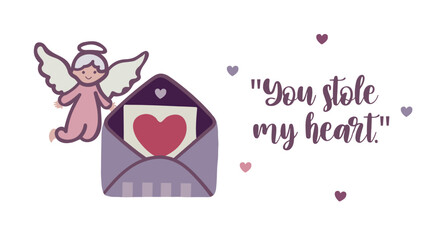 Set of letters with hearts with text. Angels, heart. Vintage symbol of love, Valentine's Day set. Isolated