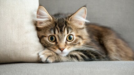 Fototapeta premium Cute Tabby Kitten Relaxing on a Cozy Couch with Big Eyes and Adorable Features