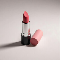 A matte lipstick tube with its cap off, placed on a clean white surface with a soft shadow.