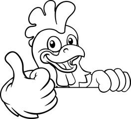 A chicken cartoon rooster cockerel bird mascot peeking over a sign with copyspace