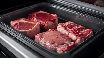 Raw beef steaks in a food storage container.