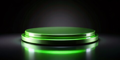 Professional Presentation Mockup featuring a Green Light Round Podium on a sleek black background. Perfect for panoramic photography, product displays, and versatile creative projects.
