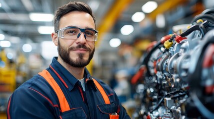 Professional Mechanic Working in Automotive Workshop with Modern Equipment, Smiling and Wearing Safety Glasses, Focused on Engine Maintenance and Repair Tasks