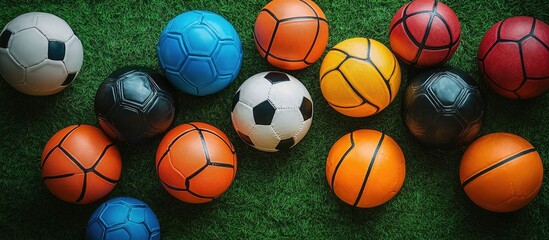 Colorful Balls on Green Grass: A Vibrant Collection of Sports Equipment