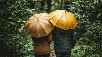 Cozy couple walking under yellow umbrellas in lush green forest