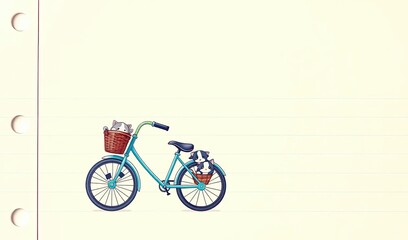 Fototapeta premium Cute Kitten Bicycle Notebook, Cat, Kitten, Bicycle, Basket, Notebook, Stationery, Paper, Texture, Illustration, Vector