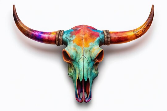 Realistic bull skull with horns on a white background, ideal for western themes, rustic decor, and animal symbolism. A striking clipart piece for various projects.