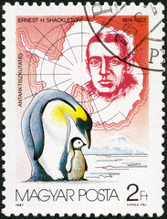 HUNGARY - 1987: shows Sir Ernest Henry Shackleton (1874-1922), explorer of polar regions, map, explorer and scene, 1987