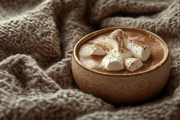  bowl of hot chocolate with marshmallows on top. The bowl is on a blanket, and the blanket is on a bed. The image conveys a cozy and comforting atmosphere, perfect for a relaxing evening at home