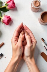 Expert manicure showcasing mocha mousse nail color with elegant hand care and floral accents in a beauty salon setting