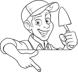 A brick layer mason builder cartoon man holding a masonry trowel, peeking around a sign and pointing at it