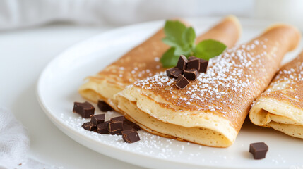 Delicious crepes served on a white plate, garnished with mint leaves and chocolate pieces, dusted with powdered sugar.
