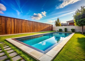 Fototapeta premium Rectangular swimming pool with brown concrete borders nestled in a fenced backyard, highlighting the contemporary home through captivating macro photography. A serene oasis awaits.