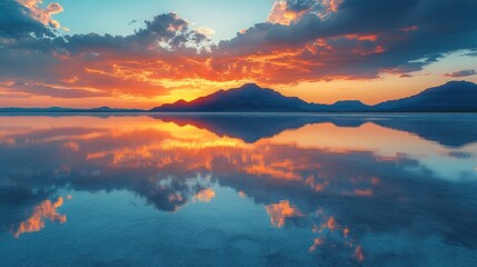 Fiery Sunset Over Serene Lake and Mountains