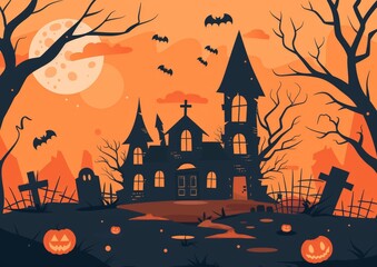 Spooky Halloween Night with Haunted House and Bats