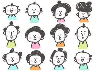 手描きの可愛い着物を着た笑顔の江戸時代の人々セット　武士・町娘