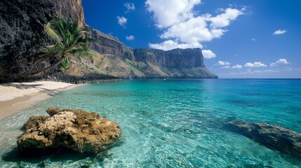 Fototapeta premium Tranquil Beach with Clear Blue Water and Lush Green Cliffs Under a Bright Sky, Ideal for Tropical Paradise and Vacation Imagery