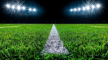 Night Football Field  Green Grass  White Lines  Stadium Lights